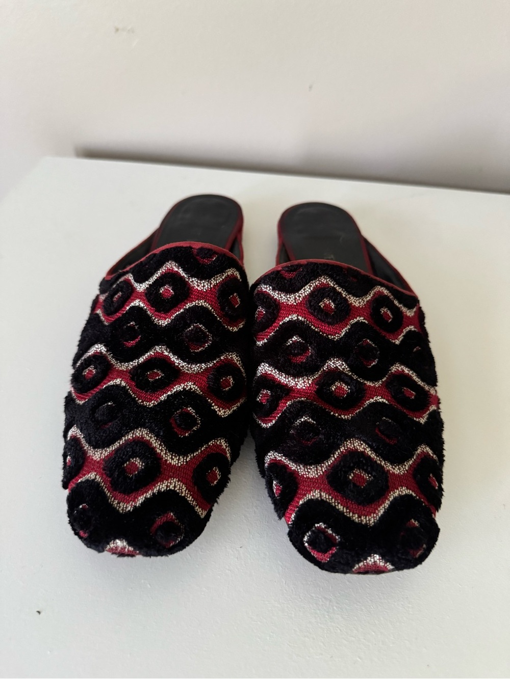 Stuart Weitzman Black and Burgundy Embroidered Slip-On Mules